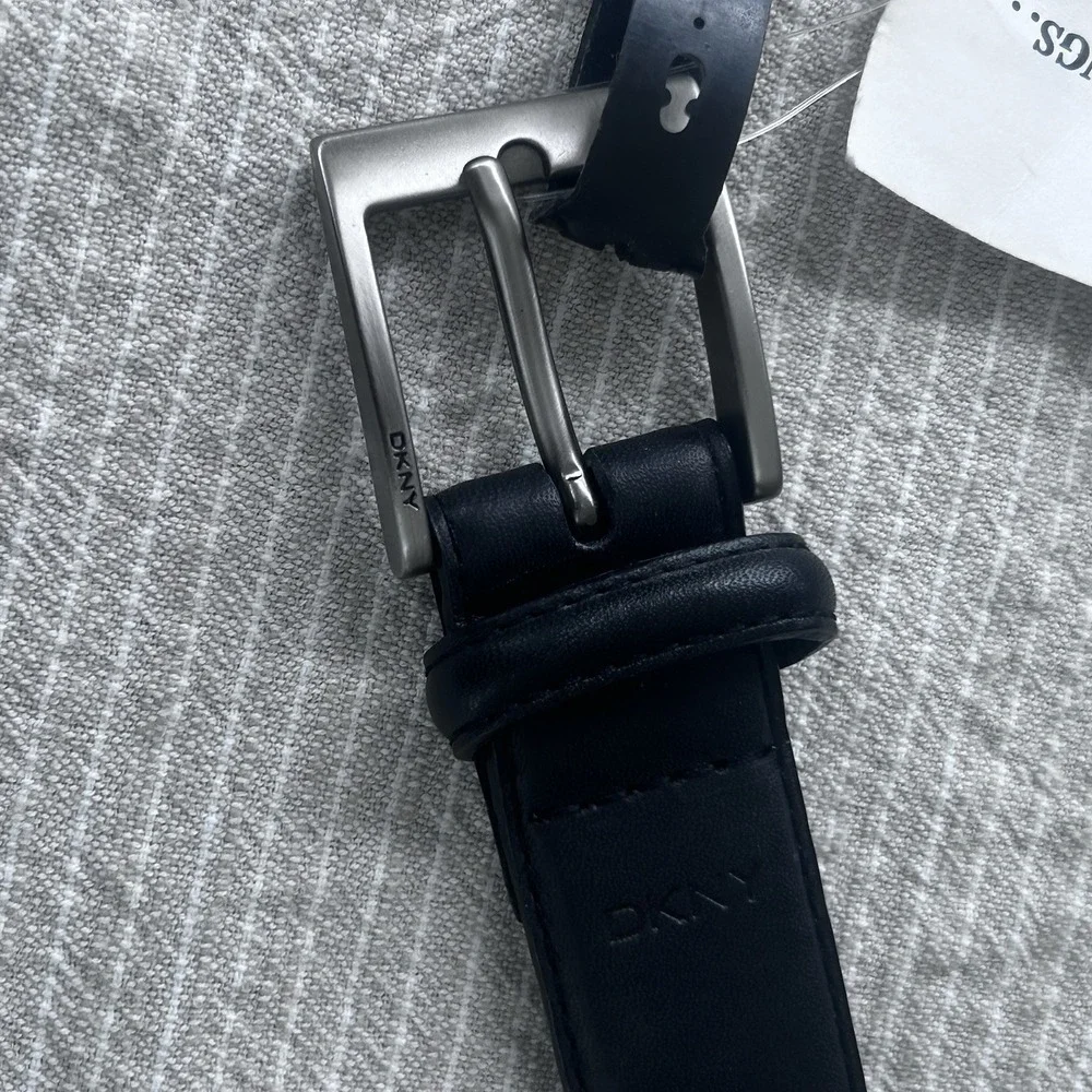 NWT DKNY Black Full Grain Leather Belt Silver Buckle Size 36